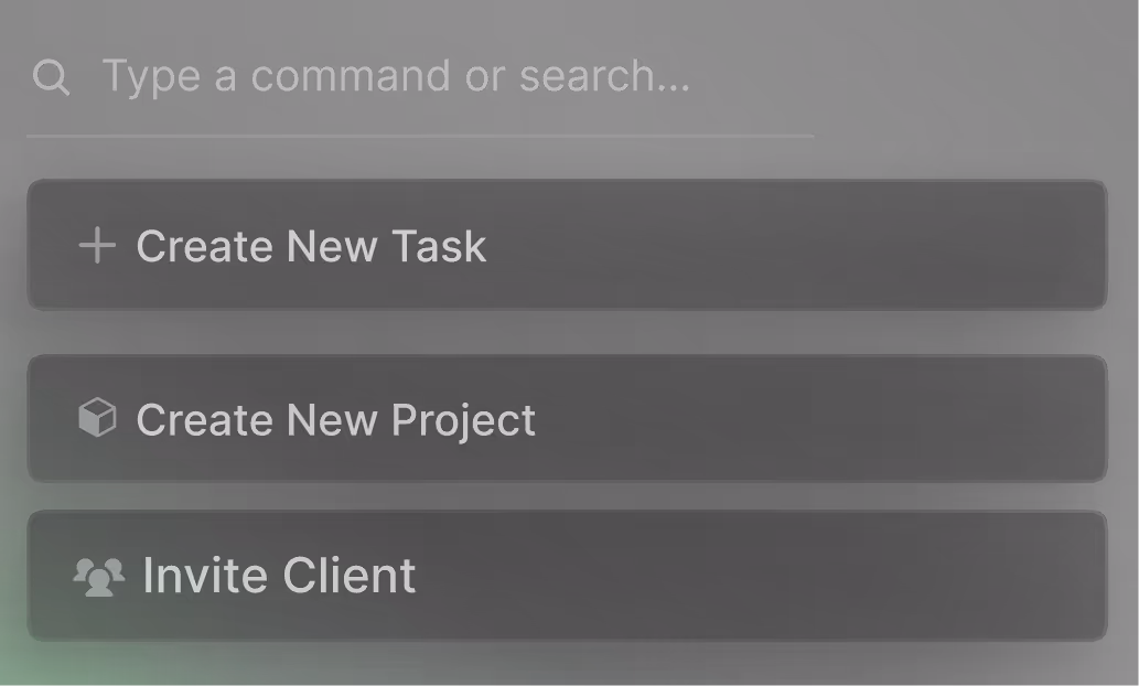 Dark interface with a search bar and buttons to create a new task, project, or invite a client.