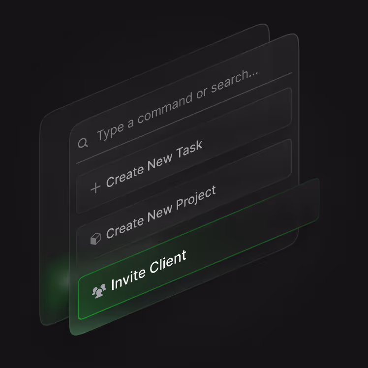 Transparent UI panels with options: Type a command, Create New Task, Project, and highlighted Invite Client.
