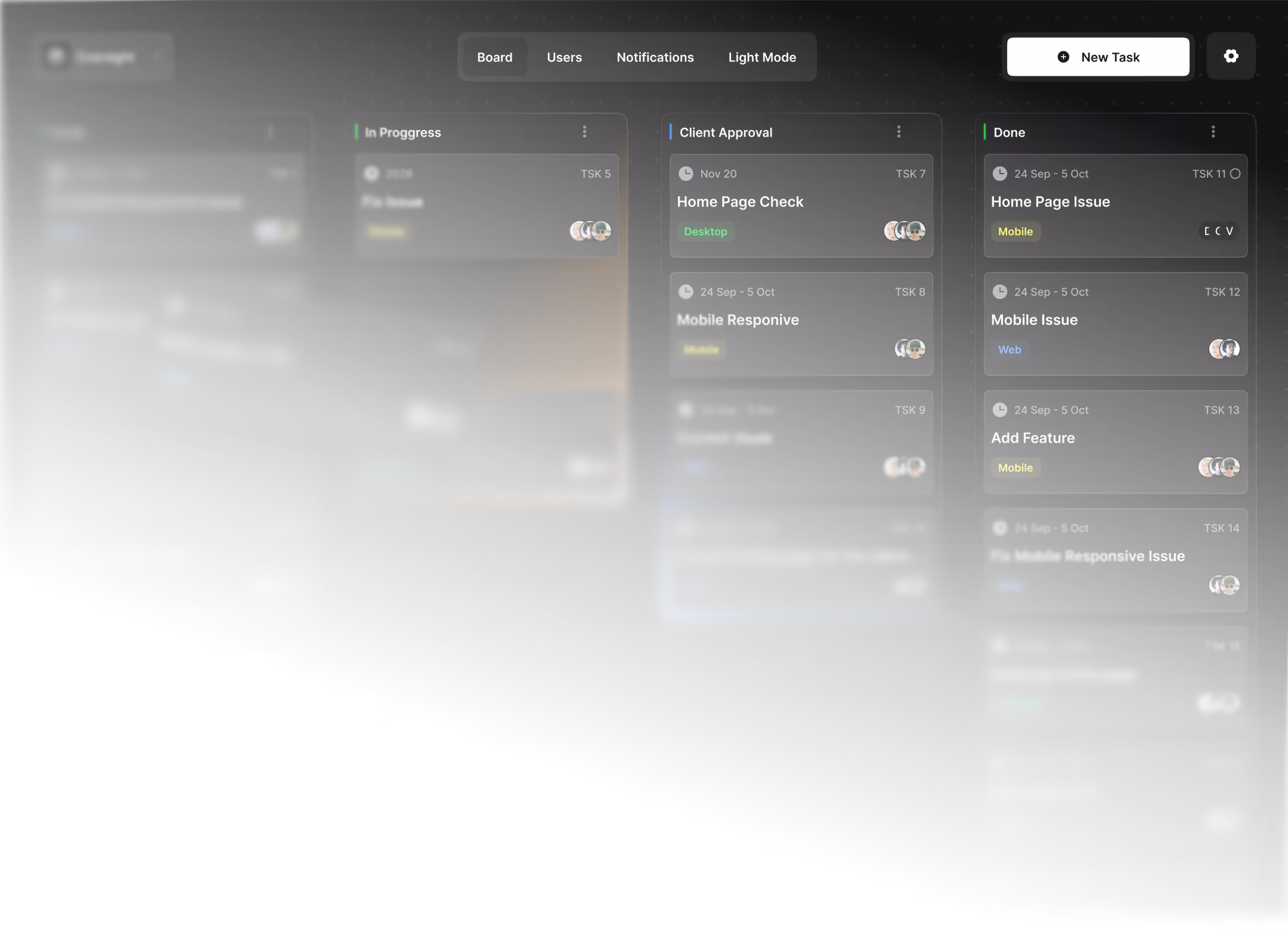 Task management board with columns In Progress, Client Approval, and Done showing tasks and assignees.