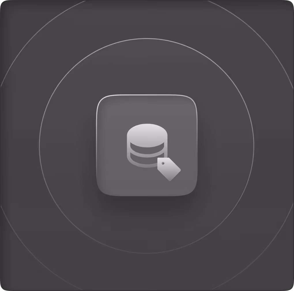 Rounded square icon with a database symbol and a price tag on a dark circular background.