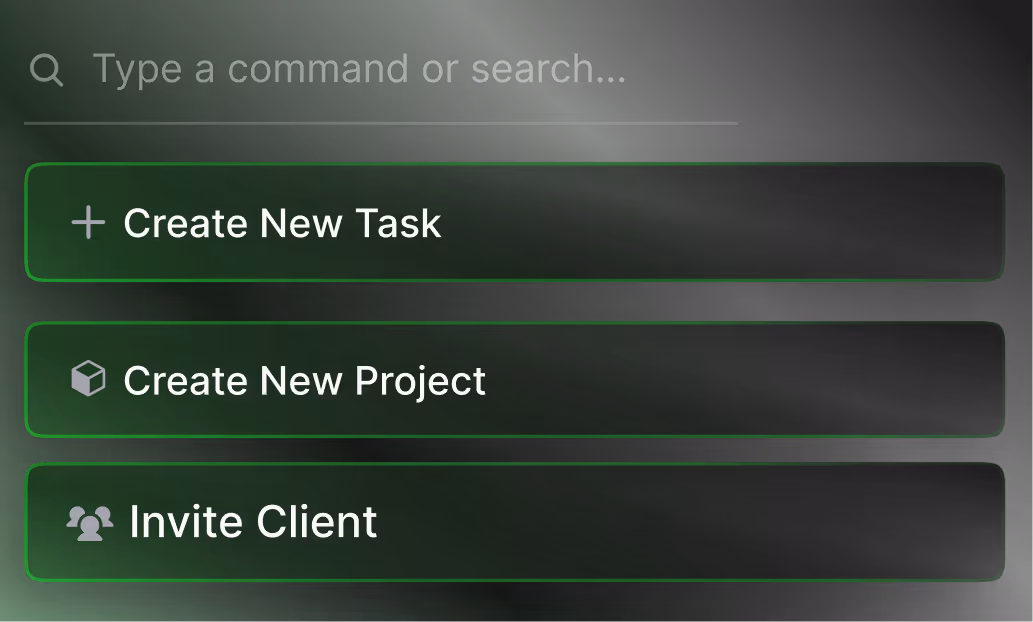 Search bar with options to create new task, create new project, or invite client in a dark interface.