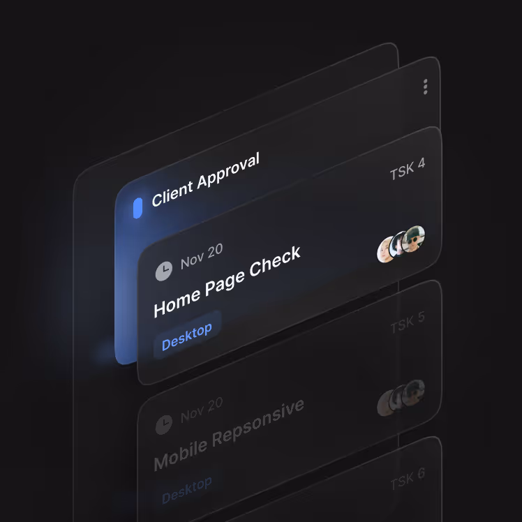 Dark-themed task list showing 'Client Approval' and 'Home Page Check' tasks with deadlines and avatars.
