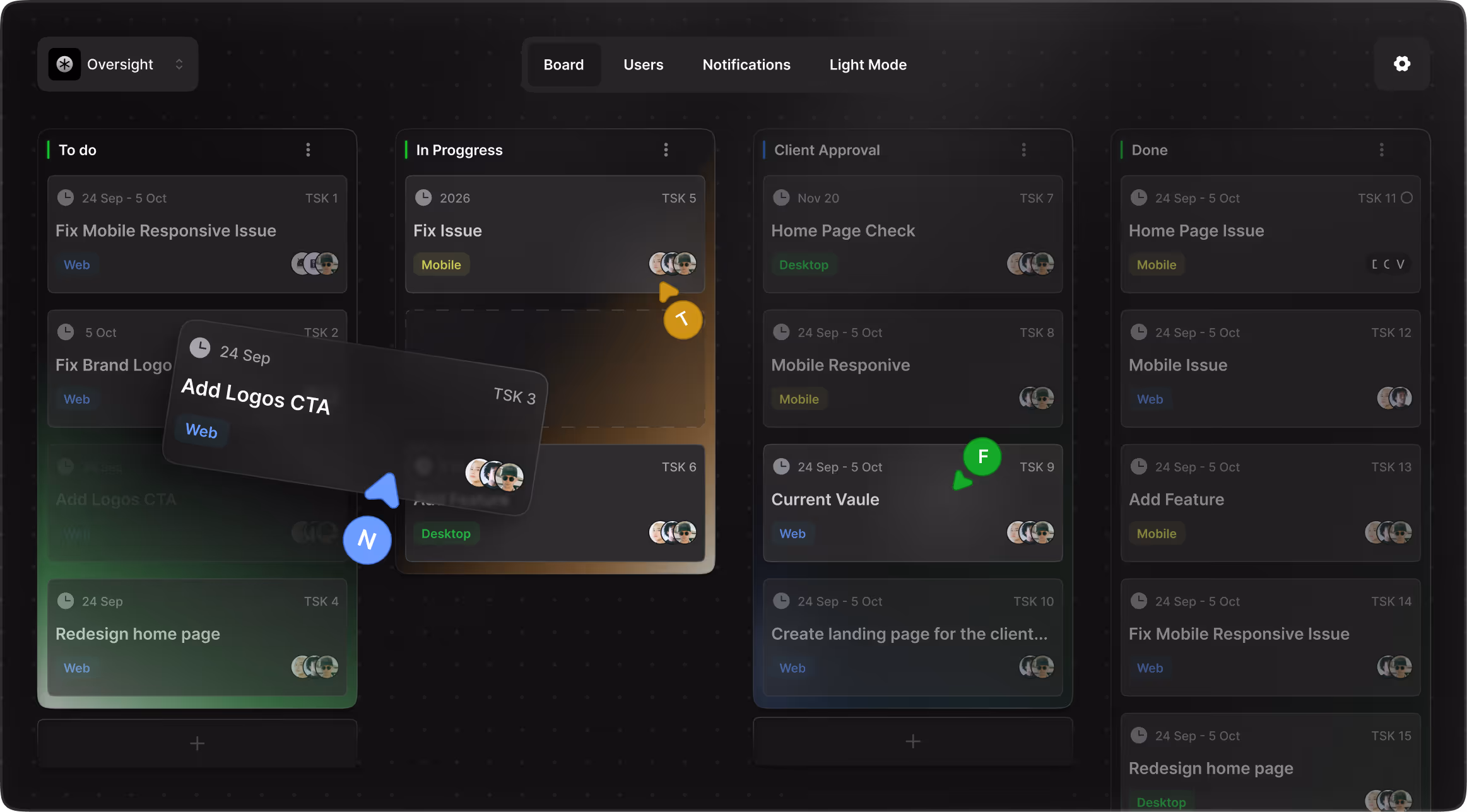 Dark mode project board showing task columns: To do, In Progress, Client Approval, and Done with user avatars.