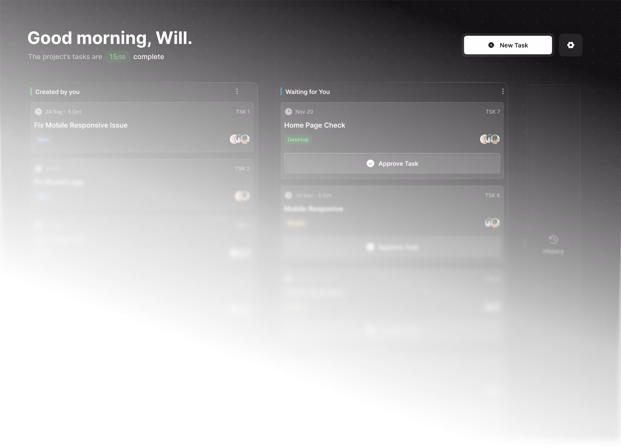 Dark mode task dashboard greeting user Will, showing task progress and task lists with actions.
