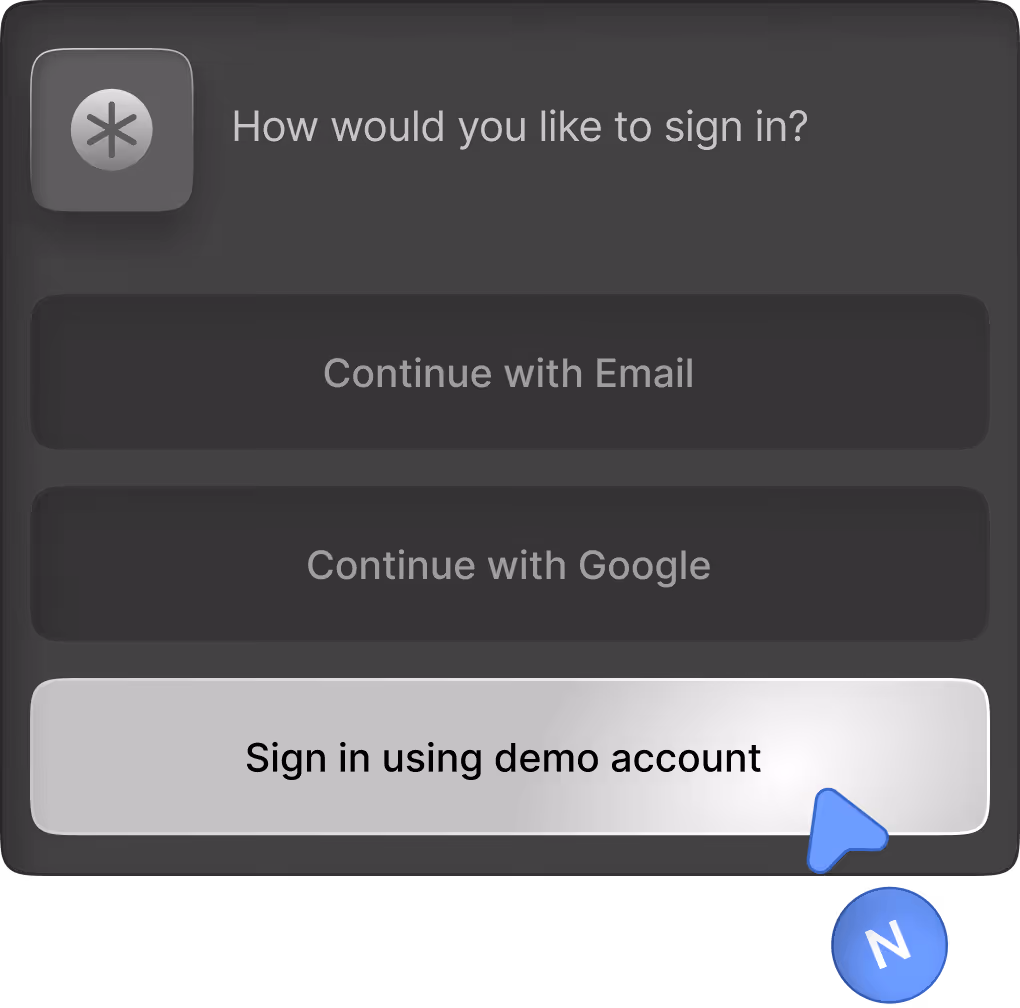 Sign-in screen with options to continue with Email, Google, or sign in using demo account.