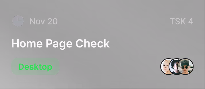 Task card showing Home Page Check scheduled for Nov 20, labeled Desktop with three user avatars.